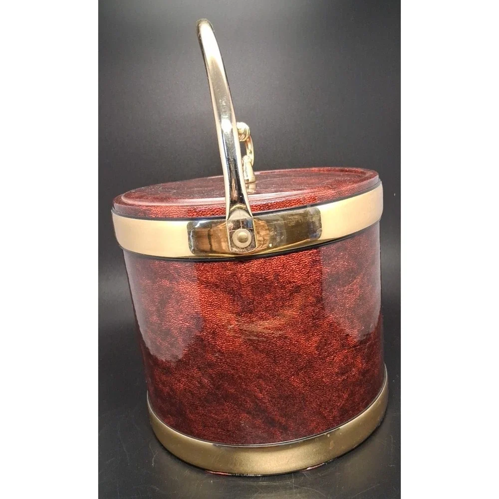 VTG Kraftware MCM Faux Tortoise Brown Marble Ice Bucket Lid Handle w/Tray USA 